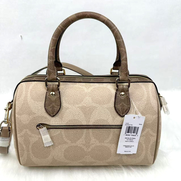 Coach Rowan Satchel Bag Crossbody In Blocked Signature Canvas Gold/Sand/Tan NWT - Picture 2 of 12